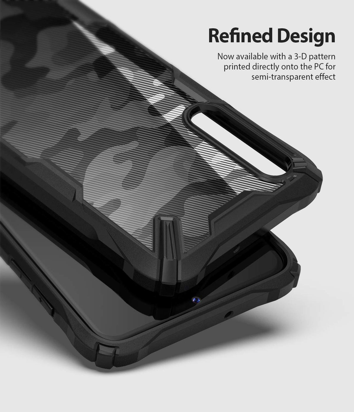 Galaxy A70 Case | Fusion-X - Black phone case with a semi-transparent 3D camo pattern and text about its refined design.