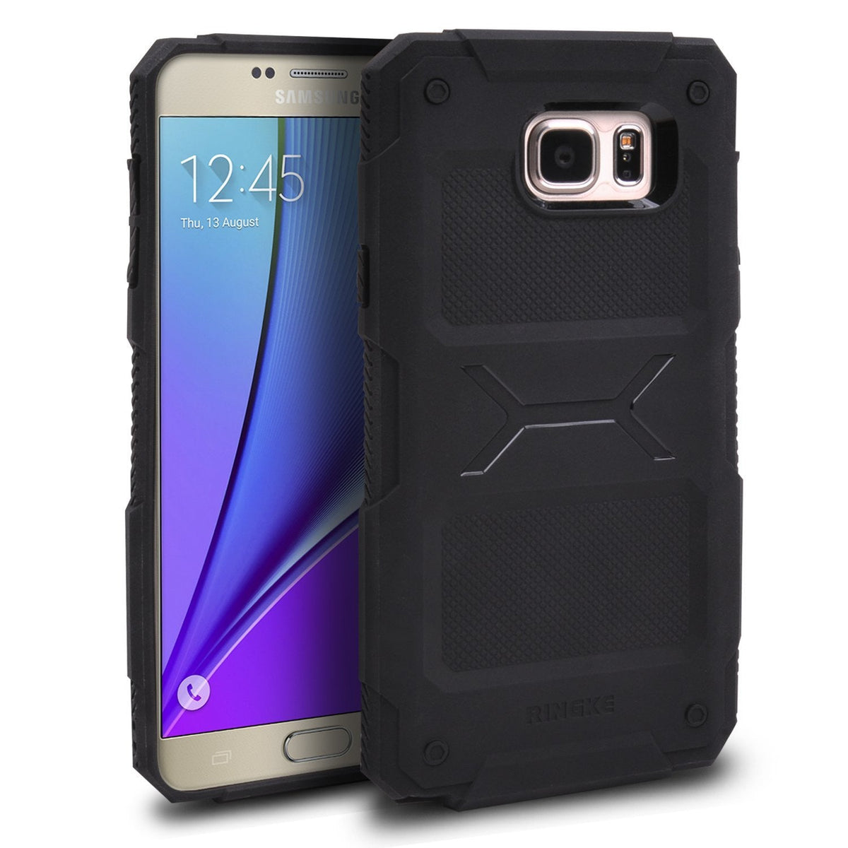 Galaxy Note 5 Case | Rebel - Black rugged protective phone case shown from front and back angles on a white background.
