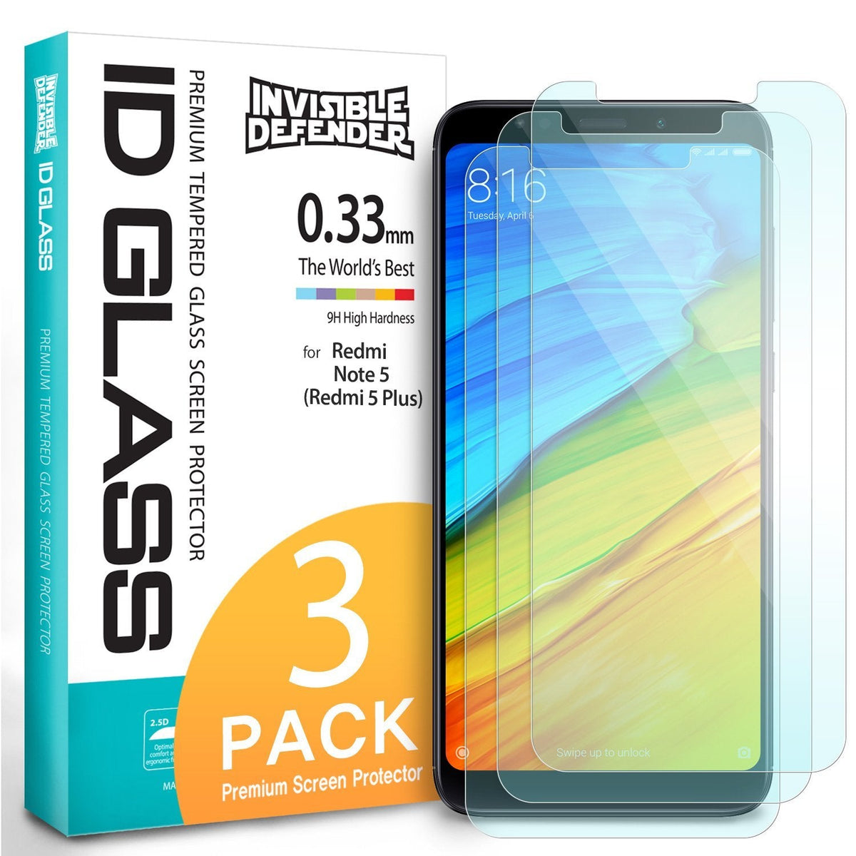 Redmi Note 5 / 5 Plus Screen Protector | Invisible Defender - Redmi Note 5 / 5 Plus Screen Protector - Invisible Defender 3-pack tempered glass box next to a smartphone screen.