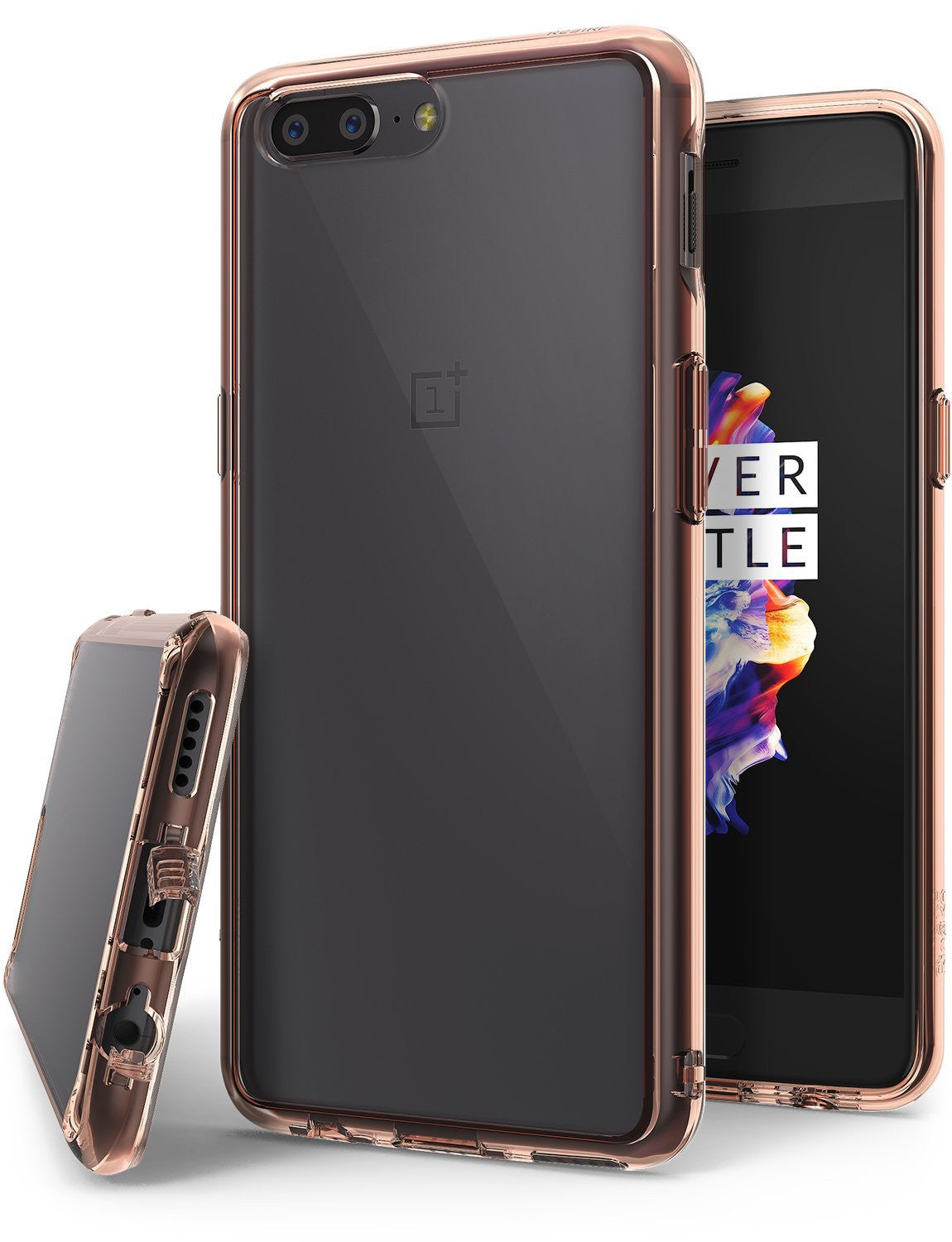 OnePlus 5 Case | Fusion - Rose gold transparent protective case shown from multiple angles on a OnePlus 5 smartphone.