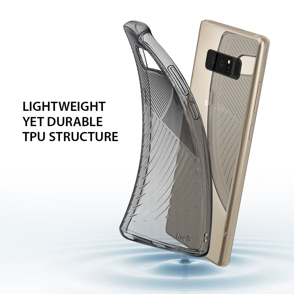 Galaxy Note 8 Case | Bevel - Flexible, transparent TPU phone case being pulled away from a gold Galaxy Note 8 smartphone.