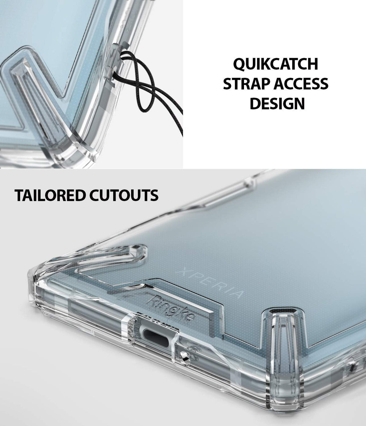 Xperia XZ2 Premium Case | Air-X - Clear phone case showing QuikCatch strap hole and precise port cutouts.