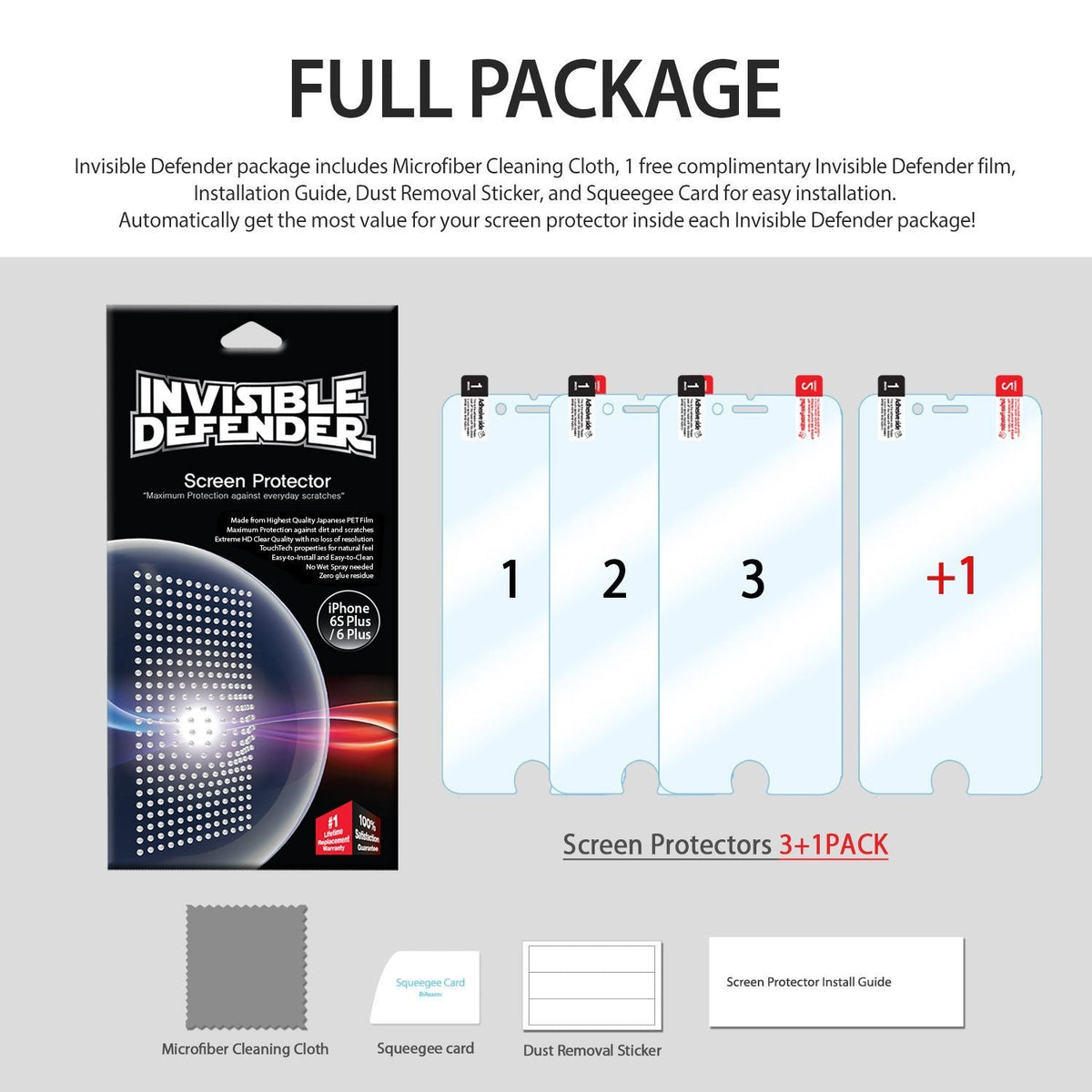 iPhone 6s Plus / 6 Plus Screen Protector | Invisible Defender - Package showing four screen protectors and accessories.