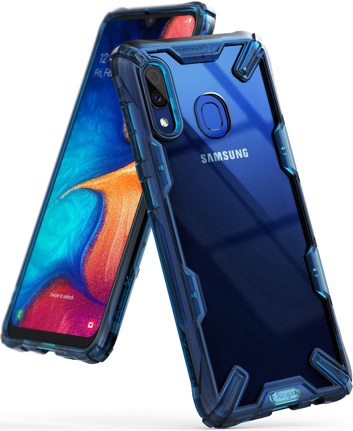 Galaxy A20 Case | Fusion-X - Blue translucent protective phone case with reinforced corners on a Samsung Galaxy A20.