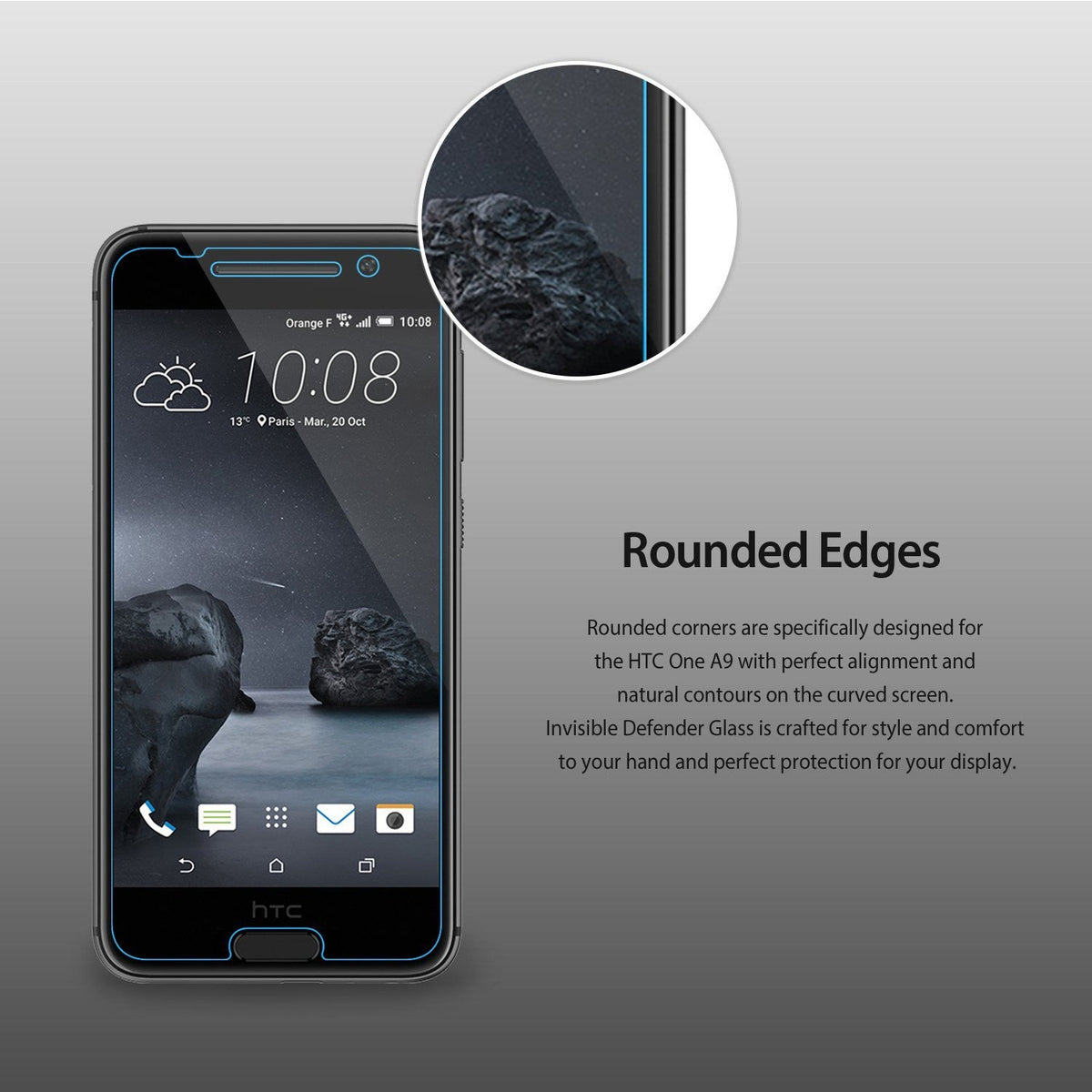 HTC One A9 Screen Protector | Invisible Defender Glass - HTC One A9 Screen Protector - Smartphone with glass screen protector applied, featuring a zoomed-in view of rounded edges.