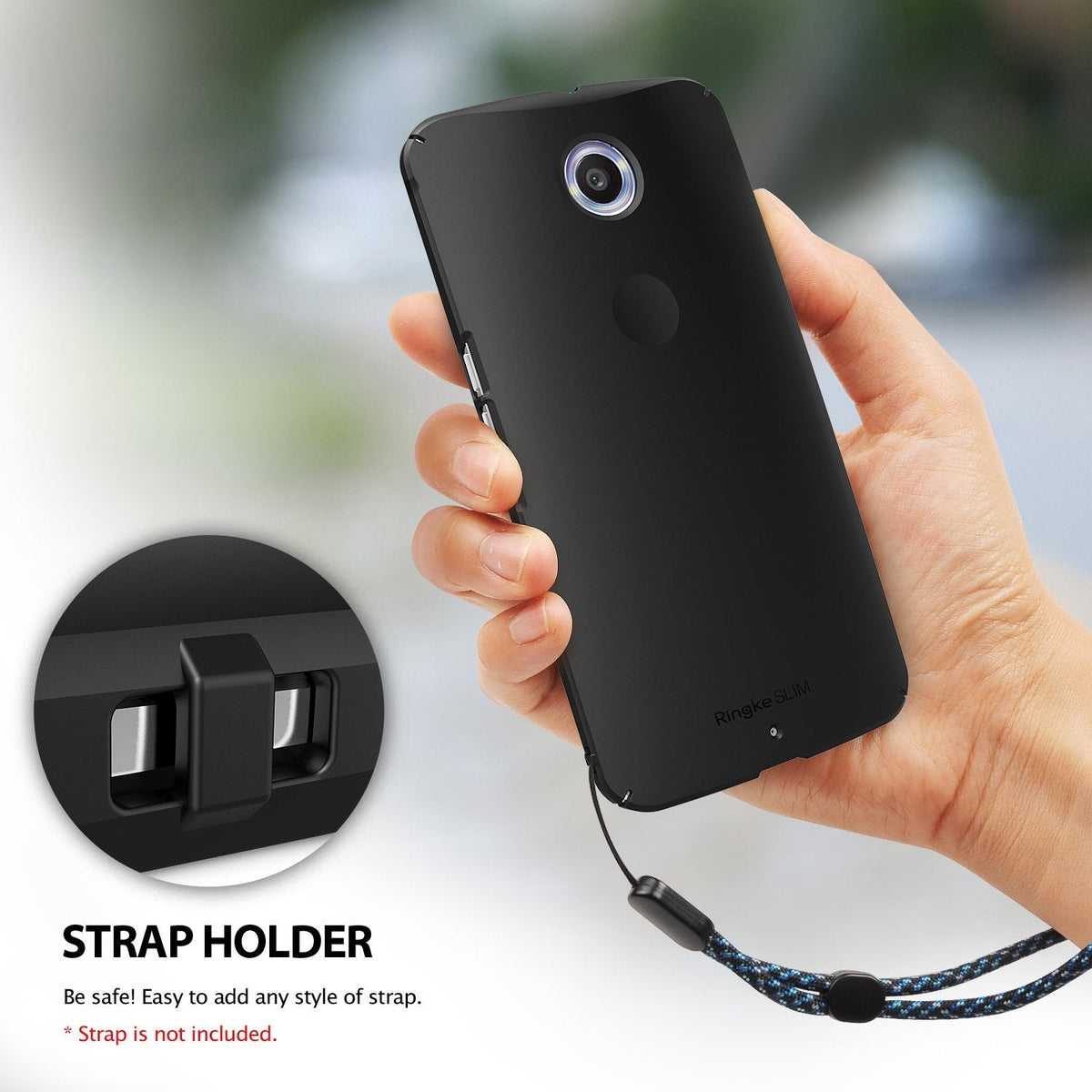 Google Nexus 6 Case | Slim - Hand holding a black slim phone case with a built-in strap holder and a blue patterned lanyard.