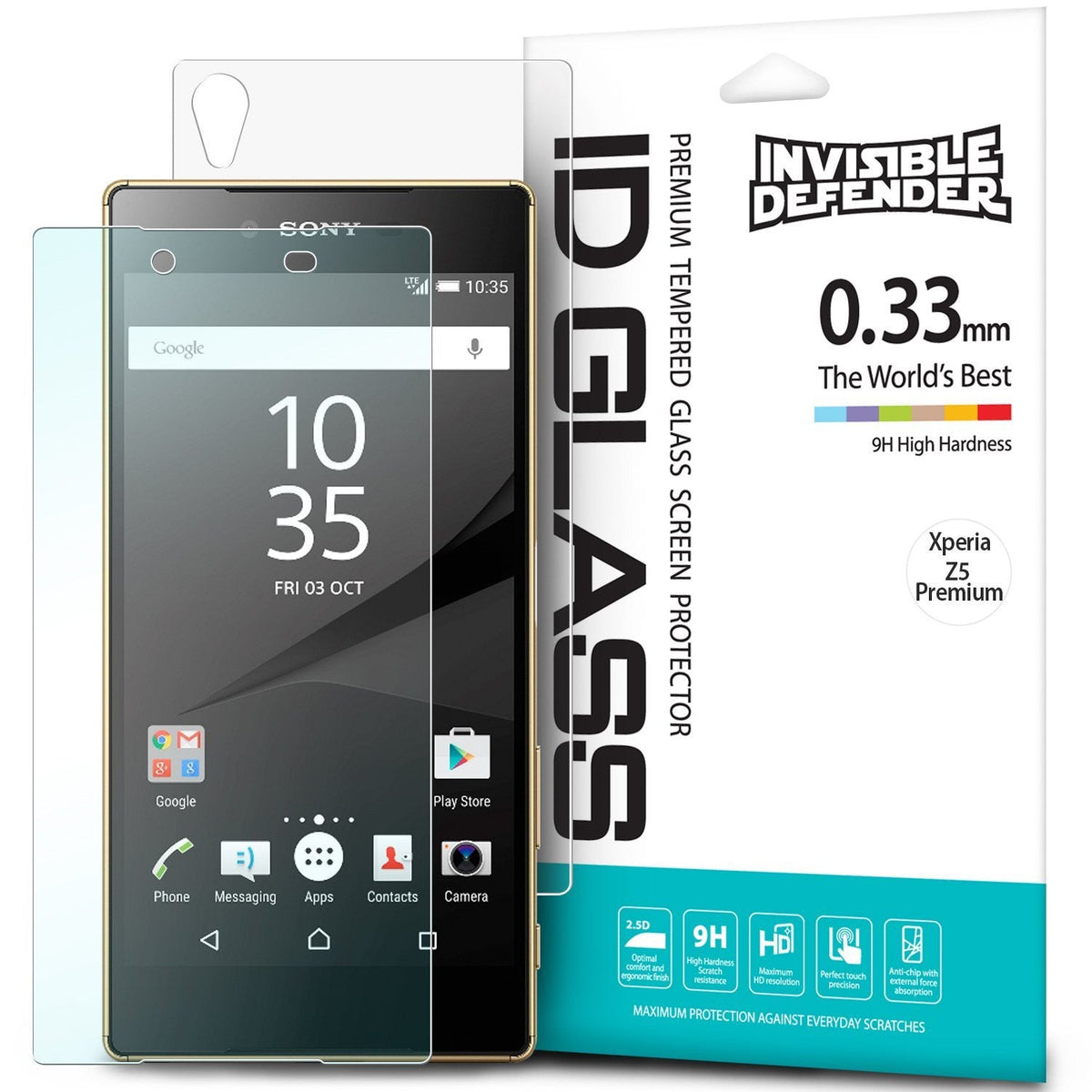 Xperia Z5 Premium Screen Protector | Invisible Defender Glass - Xperia Z5 Premium Screen Protector - Invisible Defender tempered glass screen protector next to a Sony Xperia Z5 smartphone.