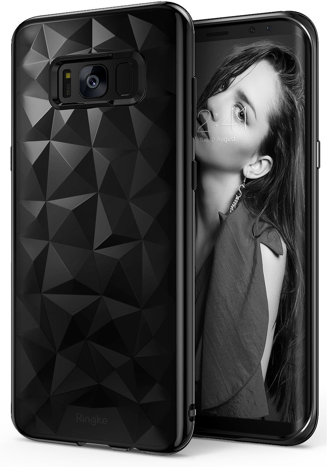 Galaxy S8 Case | Air Prism - Black phone case with geometric prism texture on back, showing front screen with woman's portrait.