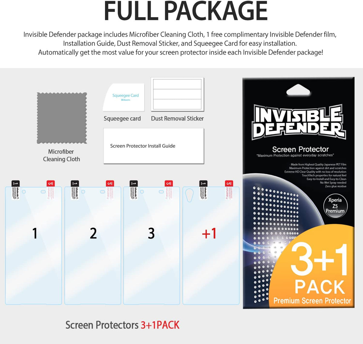 Xperia Z5 Premium Screen Protector | Invisible Defender - Xperia Z5 Premium Screen Protector - Invisible Defender 3+1 pack with cleaning cloth, squeegee, and installation tools.