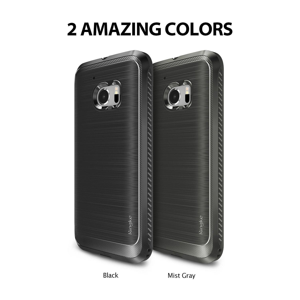 HTC 10 Case | Onyx - Two Ringke phone cases in Black and Mist Gray with a brushed metal texture and camera cutouts.