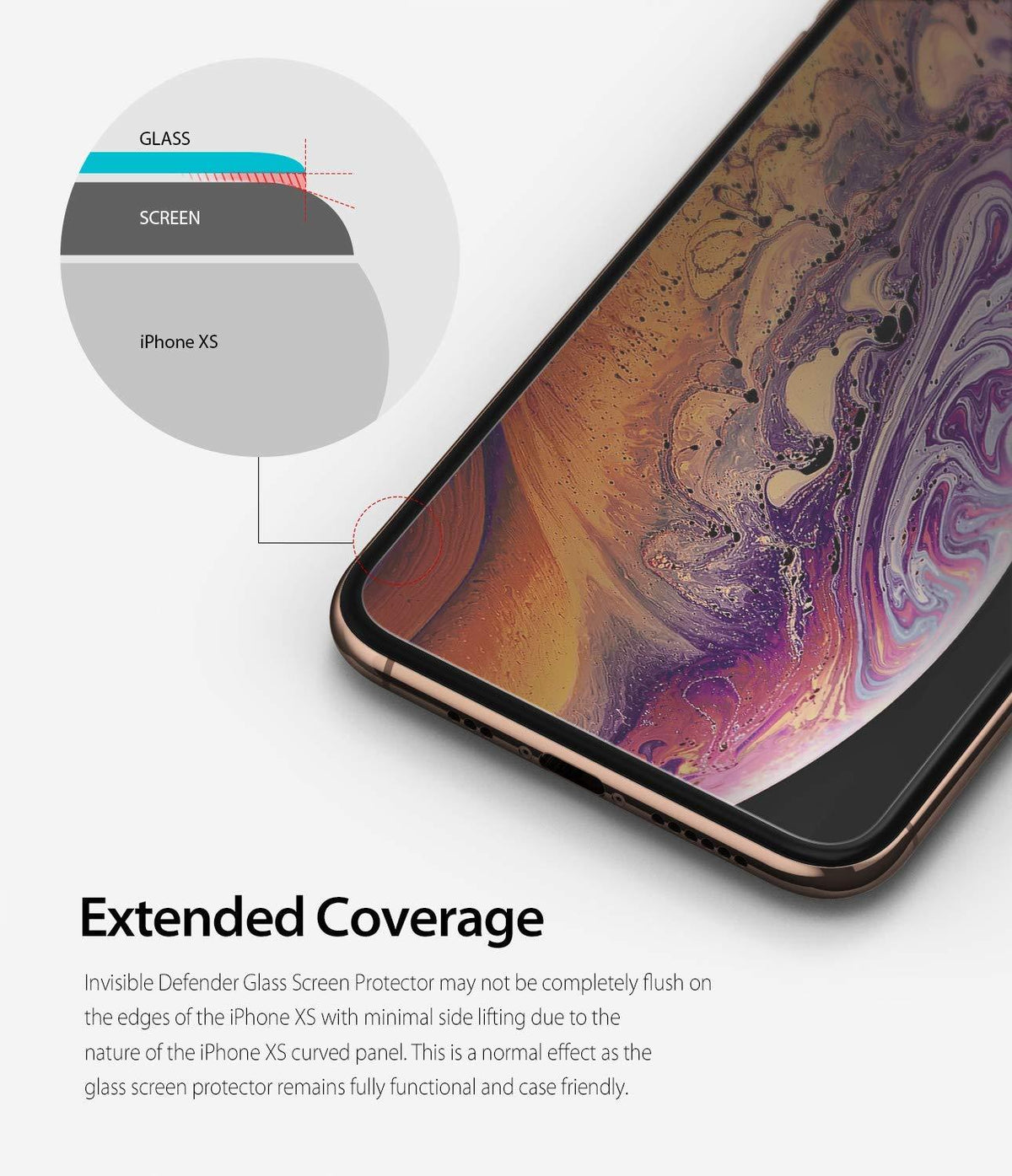 iPhone XS Screen Protector | Invisible Defender Glass - iPhone XS Screen Protector - Diagram showing glass screen protector edge fit on a curved iPhone XS display.