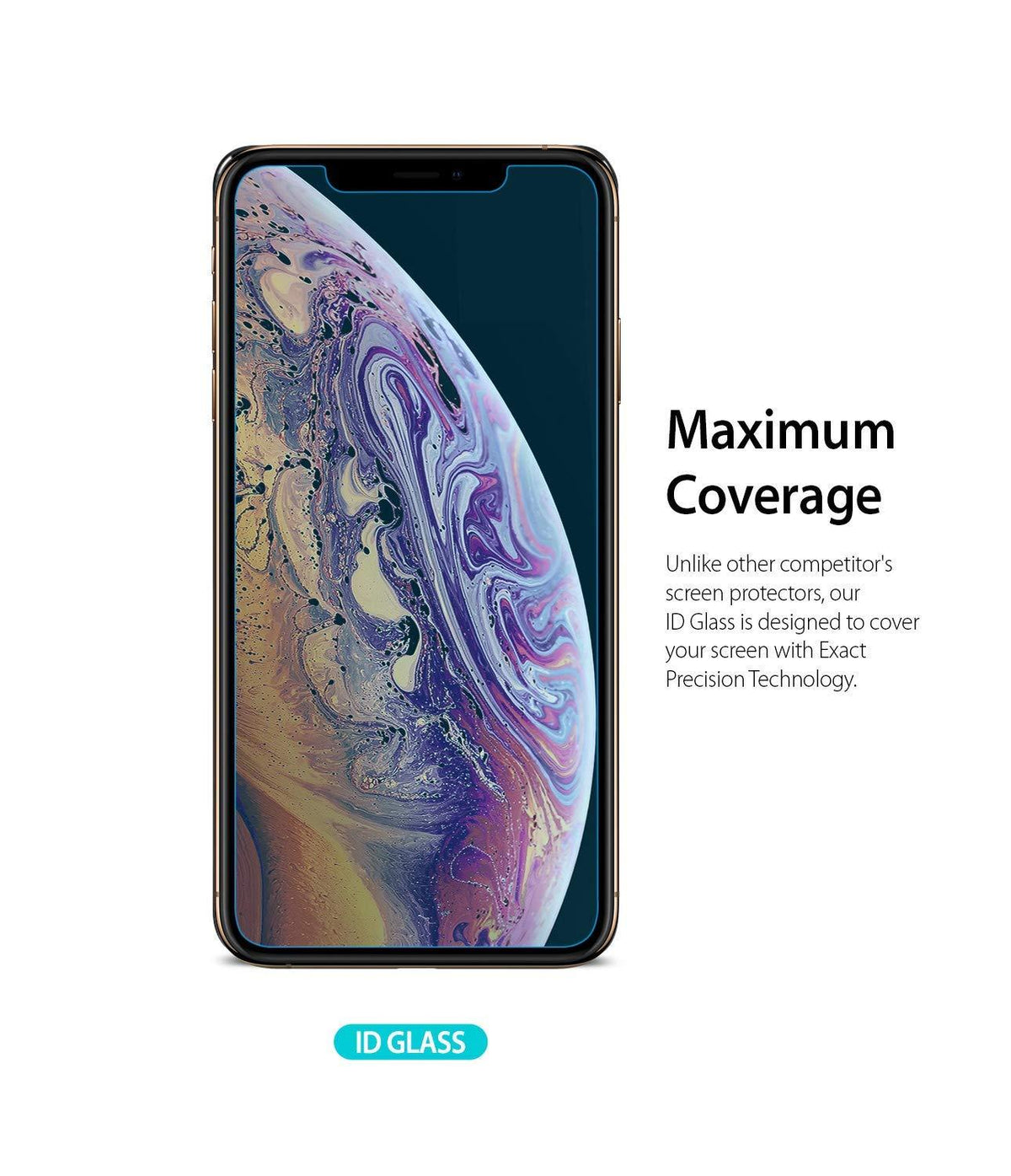 iPhone XS Screen Protector | Invisible Defender Glass - iPhone XS with a screen protector and text about coverage.