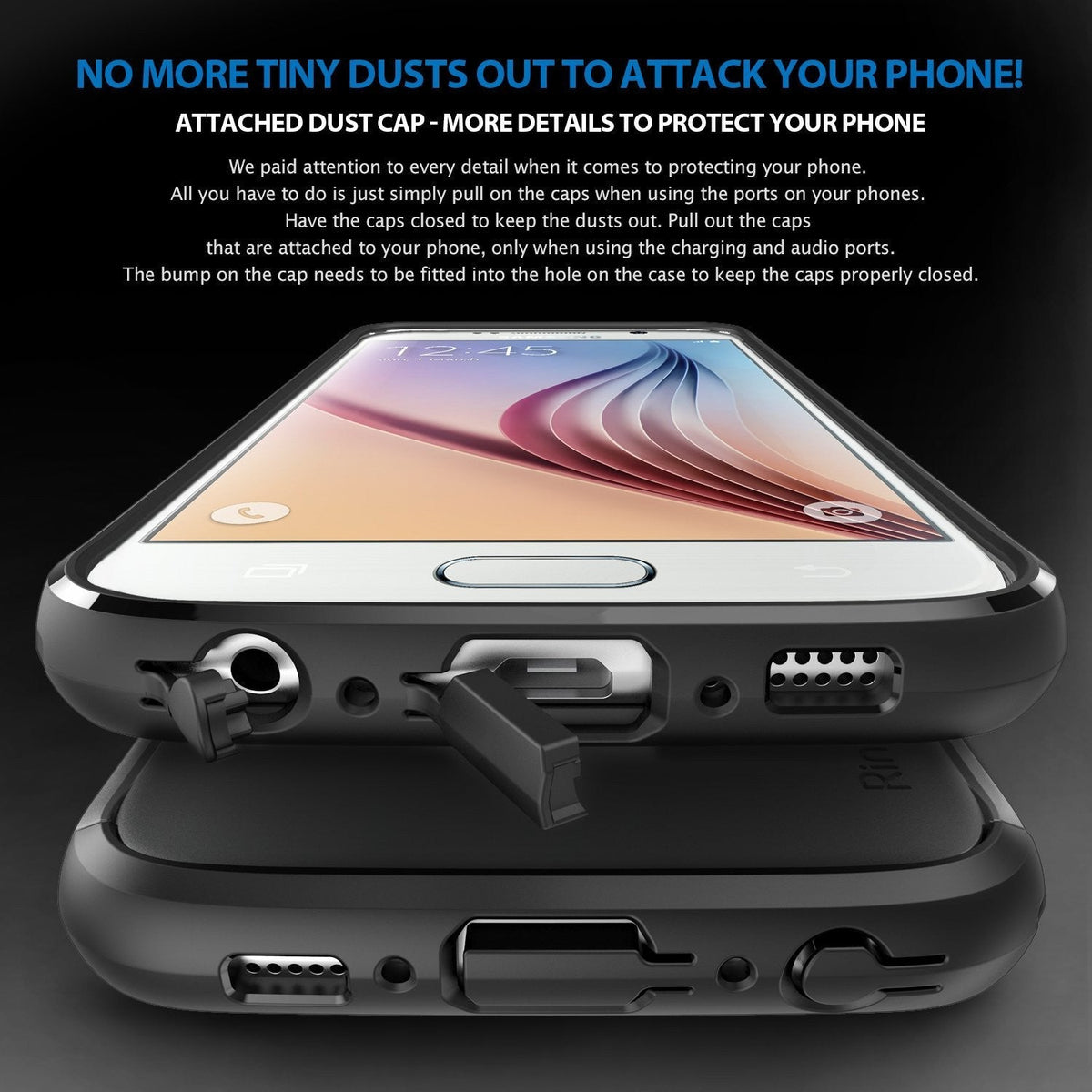 Galaxy S6 Case | Max - Close-up of phone case with open dust caps for charging and audio ports against a black background.