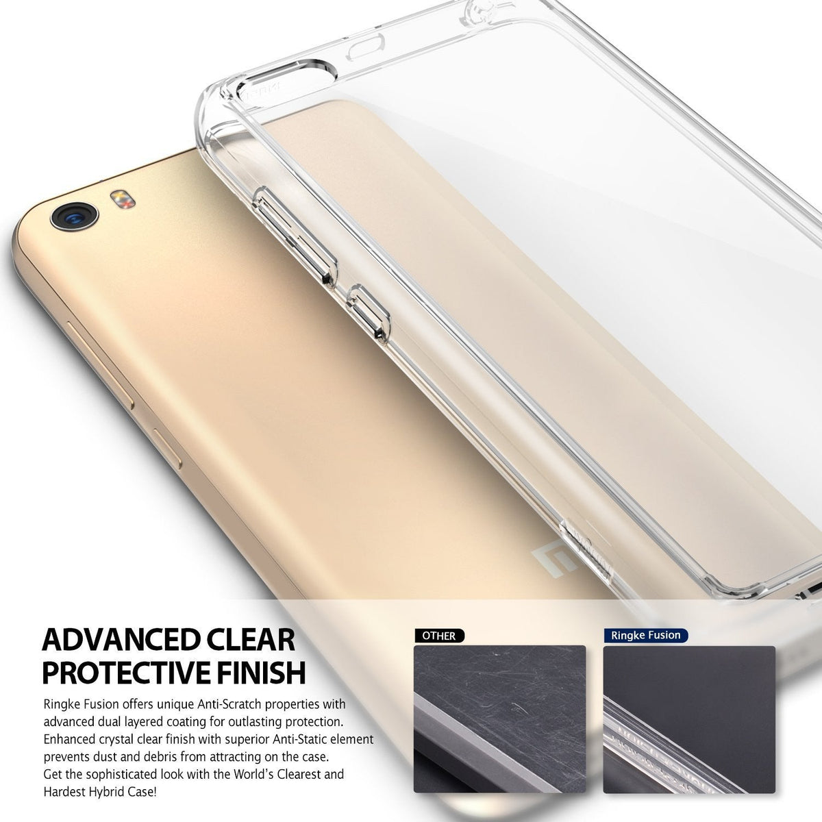 Mi 5 Case | Fusion - Clear protective phone case resting on a gold Mi 5 smartphone with comparison scratch-resistant inserts.