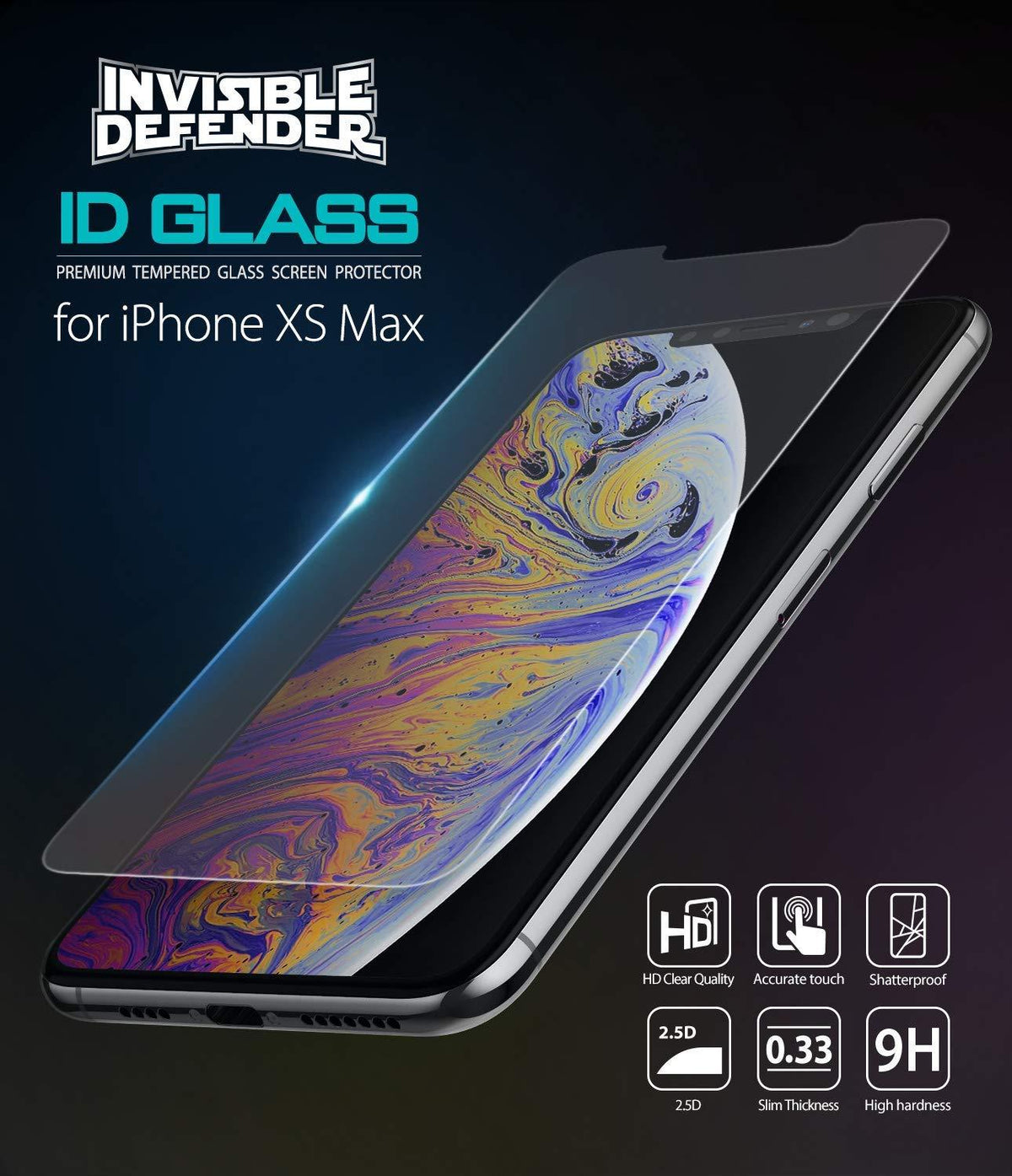 iPhone XS Max Screen Protector | Invisible Defender Glass - iPhone XS Max Screen Protector - Invisible Defender glass hovering over an iPhone XS Max with feature icons below.