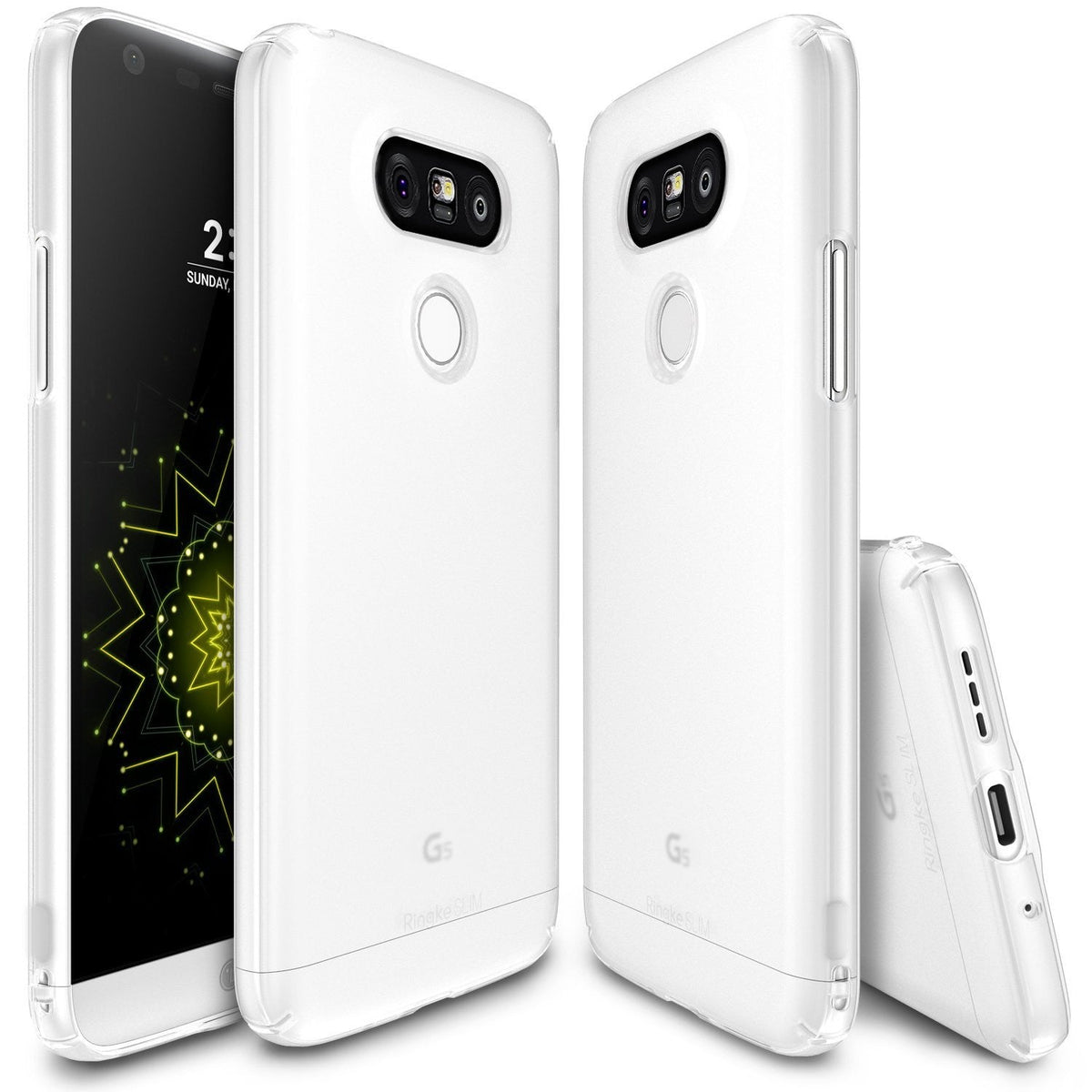 LG G5 Case | Slim - Three views of a transparent, slim protective case on an LG G5 smartphone.