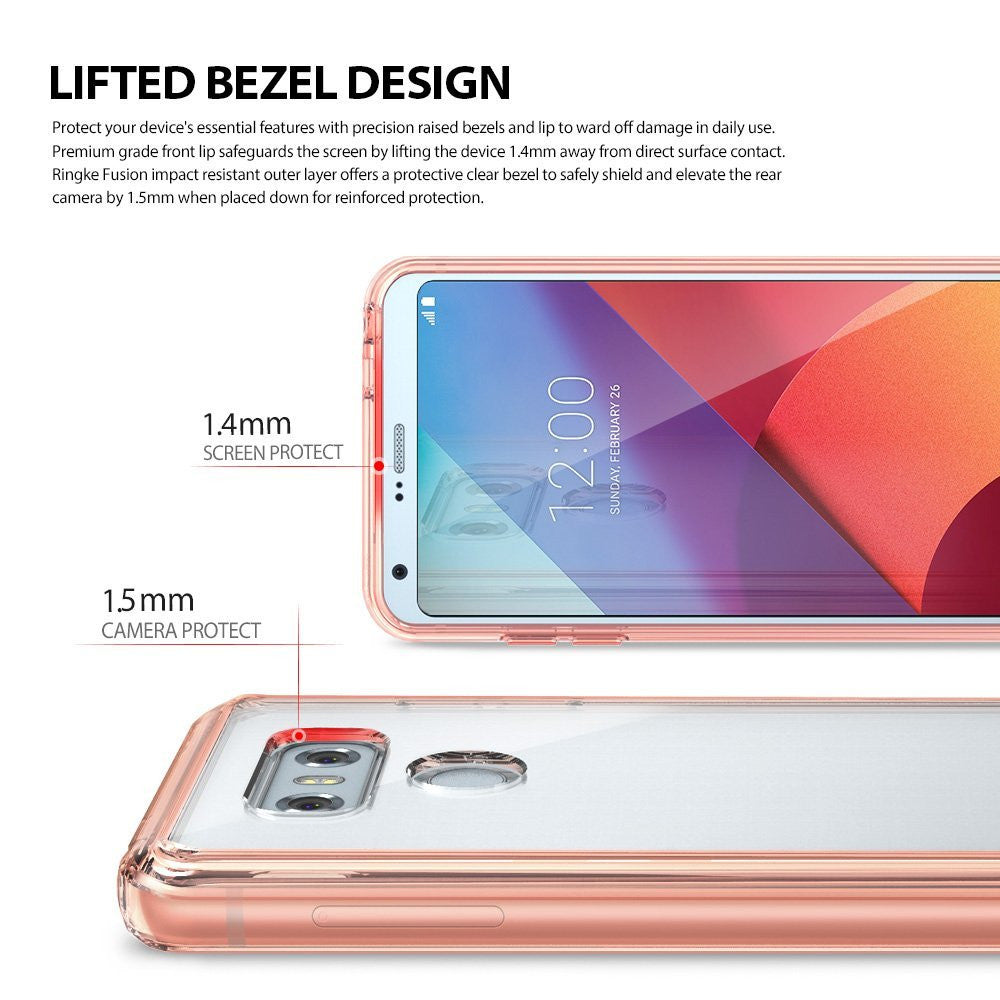 LG G6 Case | Fusion - Diagram showing 1.4mm screen and 1.5mm camera protection on a clear phone case.