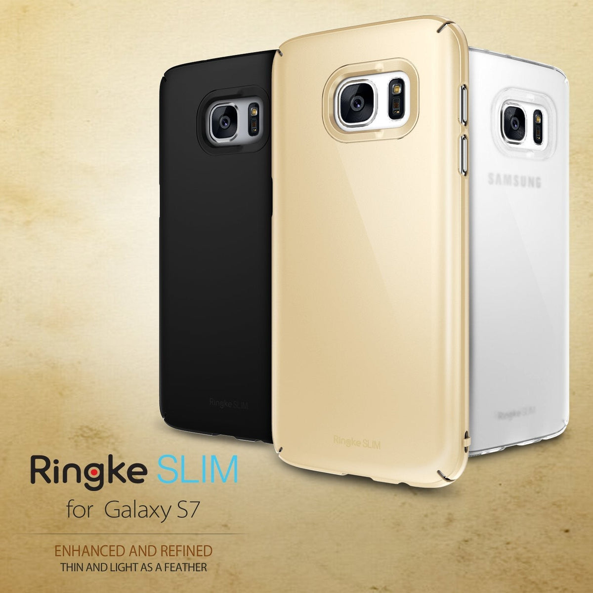 Galaxy S7 Case | Slim - Three Galaxy S7 phones in black, gold, and clear slim cases arranged against a textured background.