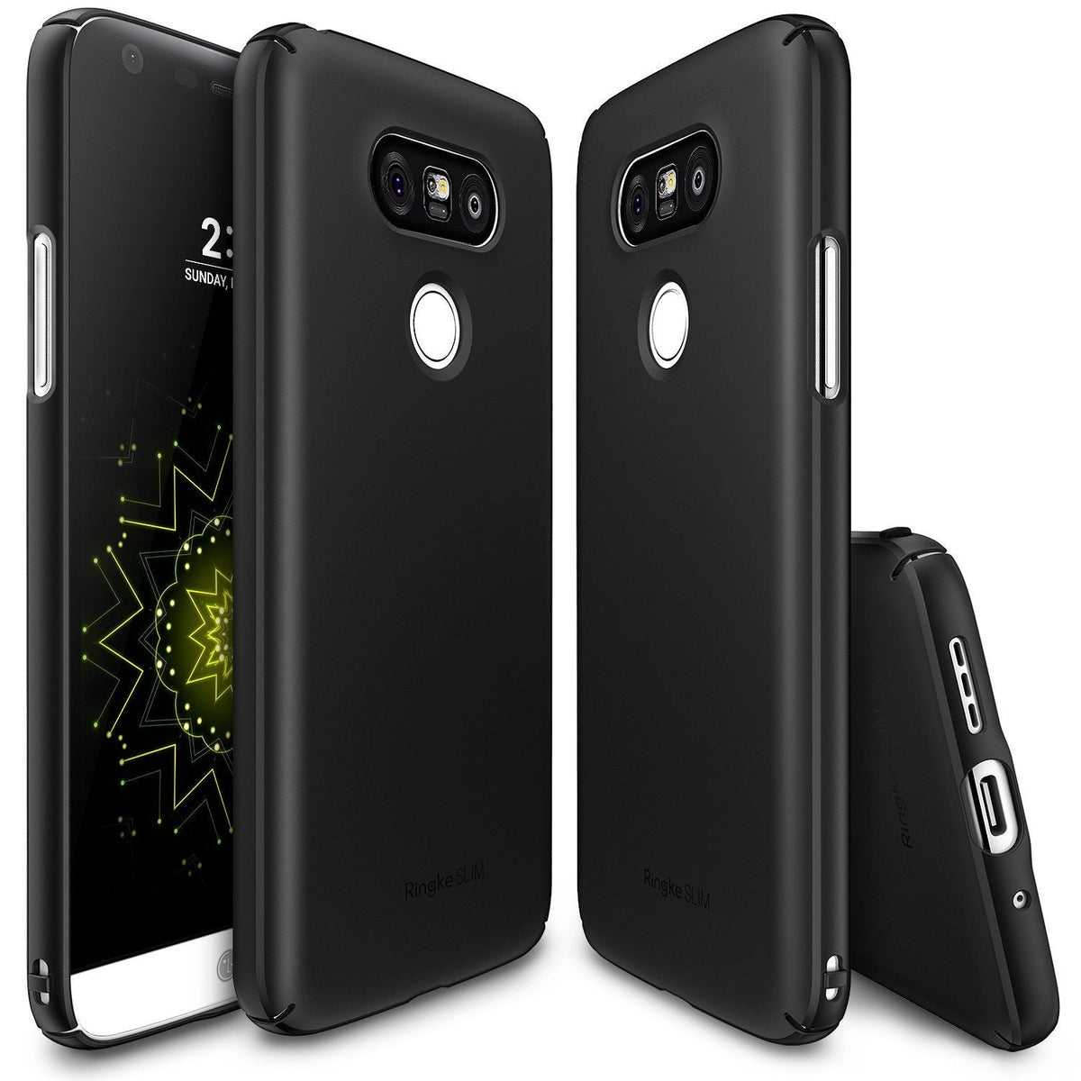 LG G5 Case | Slim - Matte black phone case shown from front, back, and side angles on an LG G5 smartphone.
