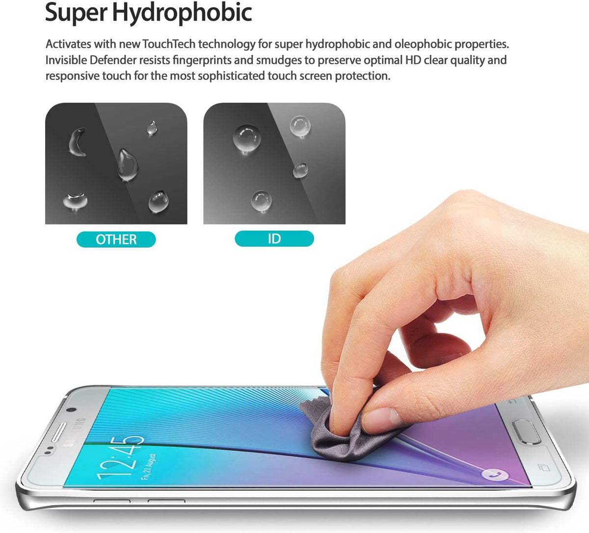 LG V10 Screen Protector | Invisible Defender - LG V10 Screen Protector - Comparison showing water beading on Invisible Defender screen protector versus a standard film.