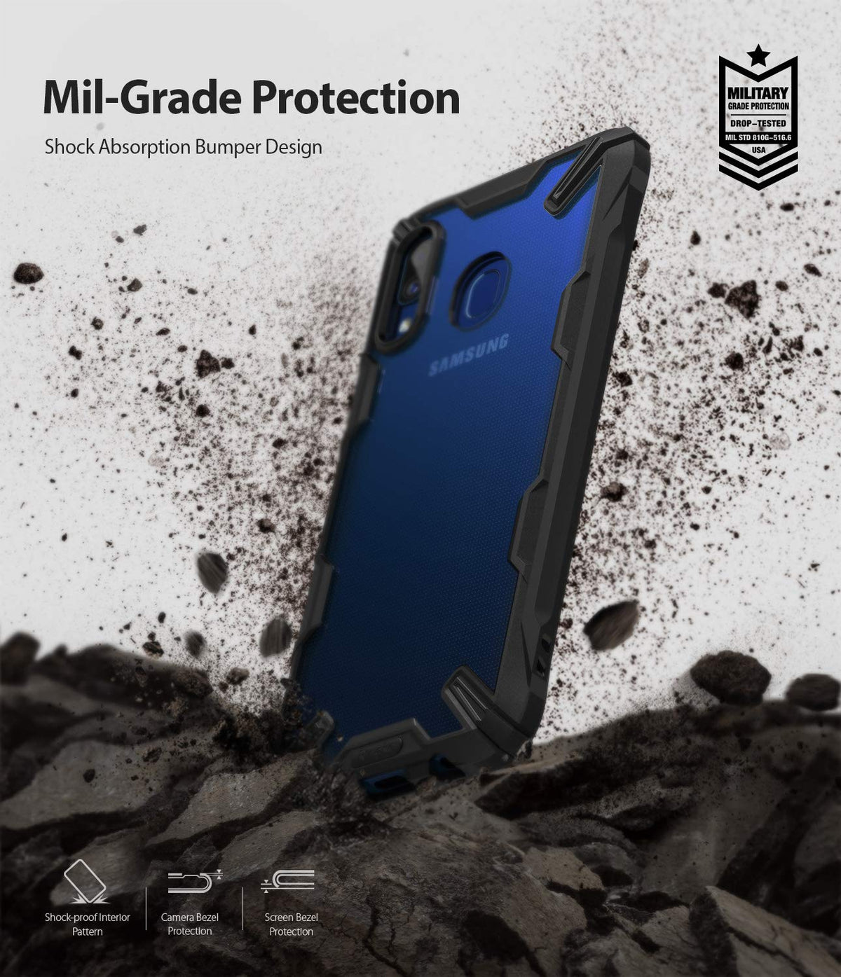 Galaxy A20 Case | Fusion-X - Blue and black phone case floating above rocky debris with Mil-Grade protection text.