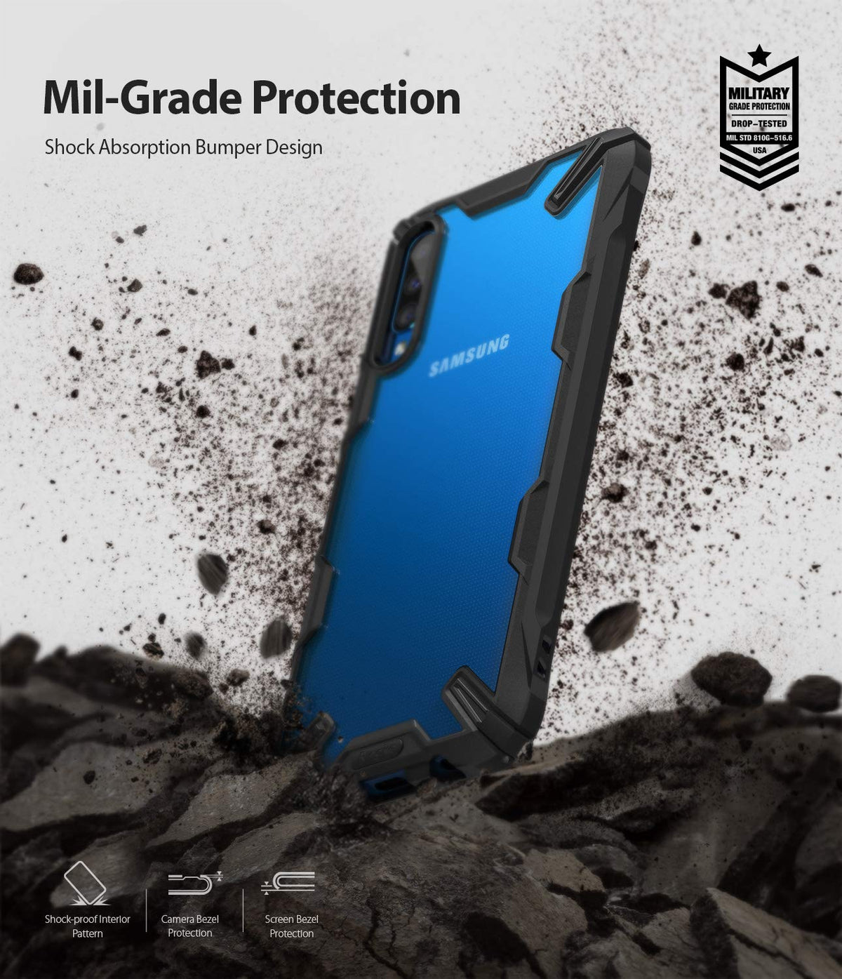 Galaxy A50 Case | Fusion-X - Blue Samsung phone in a black protective case surrounded by flying dirt and debris.