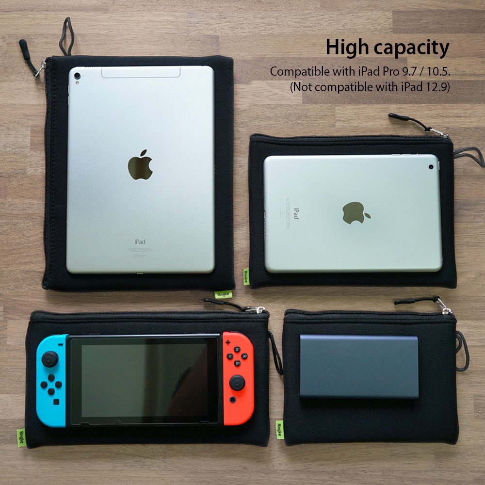 Cushion Pouch - Four black zippered pouches on a wooden surface holding iPads, a Nintendo Switch, and a power bank.