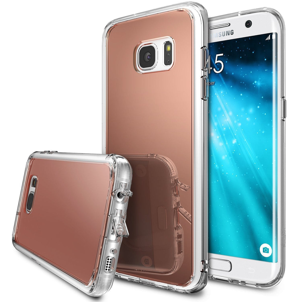 Galaxy S7 Edge Case | Mirror - Rose gold mirror phone case with clear bumper shown on and off a Samsung Galaxy S7 Edge.