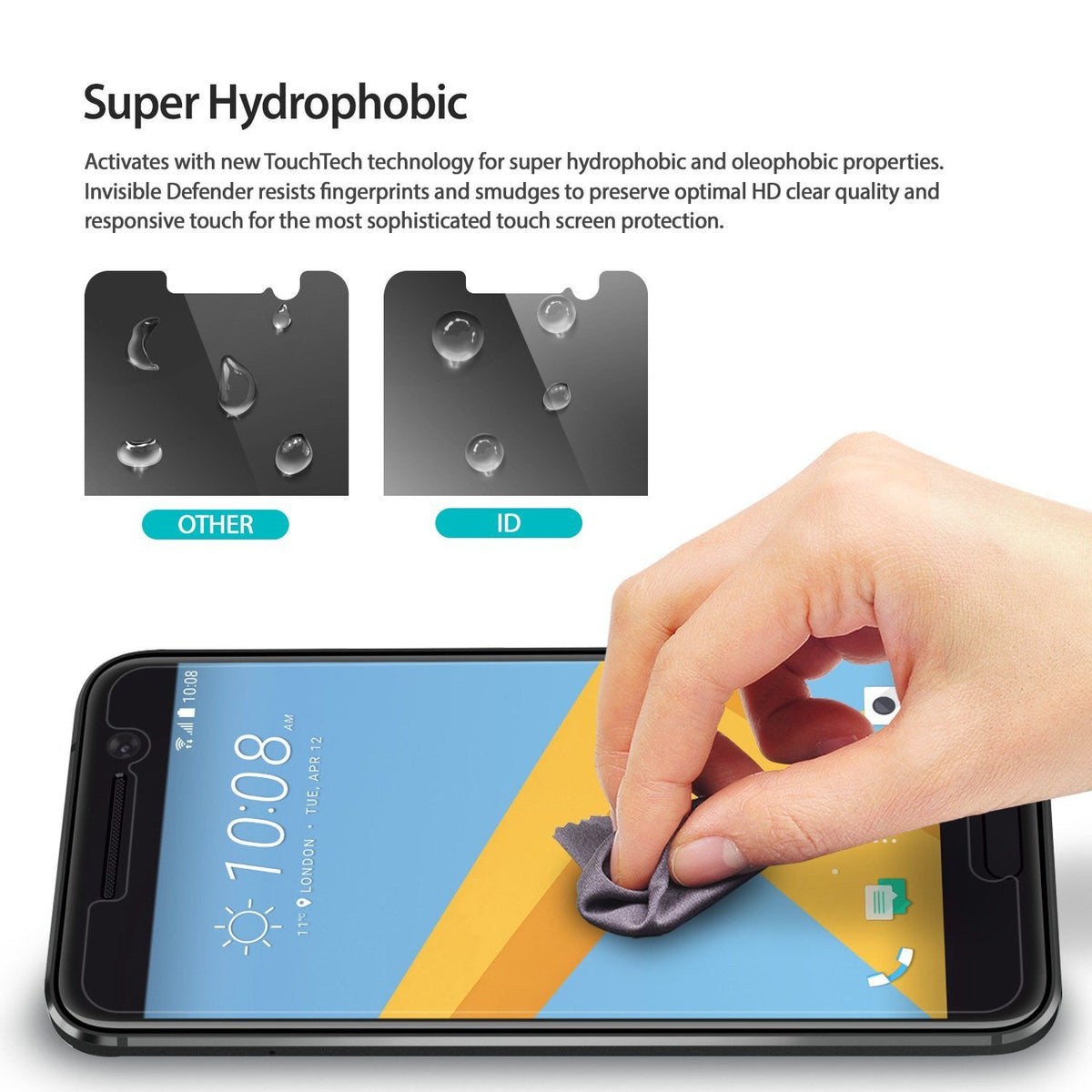 HTC 10 Screen Protector | Invisible Defender - Comparison of water beading on screen protectors and hand cleaning phone.