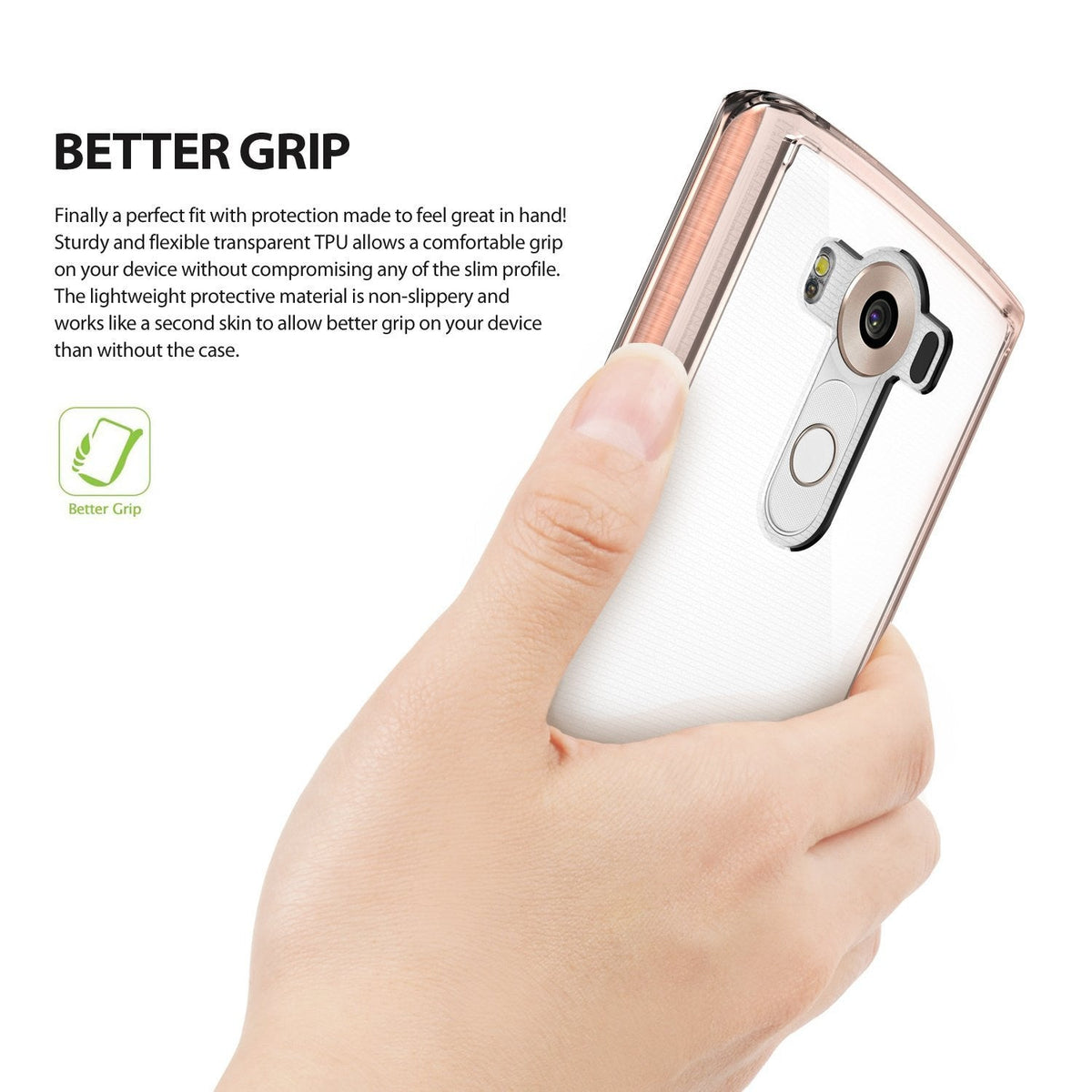 LG V10 Case | Fusion - A hand holding an LG V10 phone with a clear, flexible protective case, highlighting its slim grip.