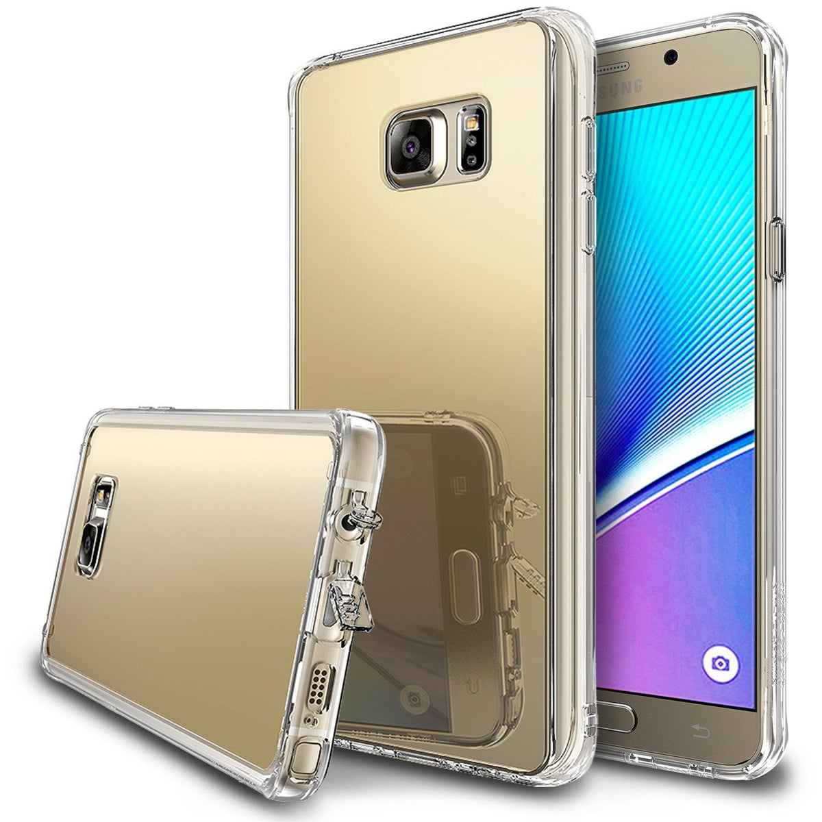 Galaxy Note 5 Case | Mirror - Gold reflective phone case with clear bumper, shown on a Galaxy Note 5 from front and back.