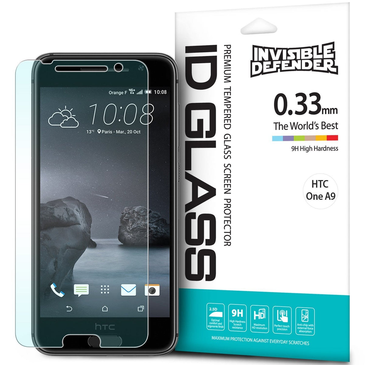 HTC One A9 Screen Protector | Invisible Defender Glass - HTC One A9 Screen Protector - Invisible Defender tempered glass screen protector next to its retail packaging.