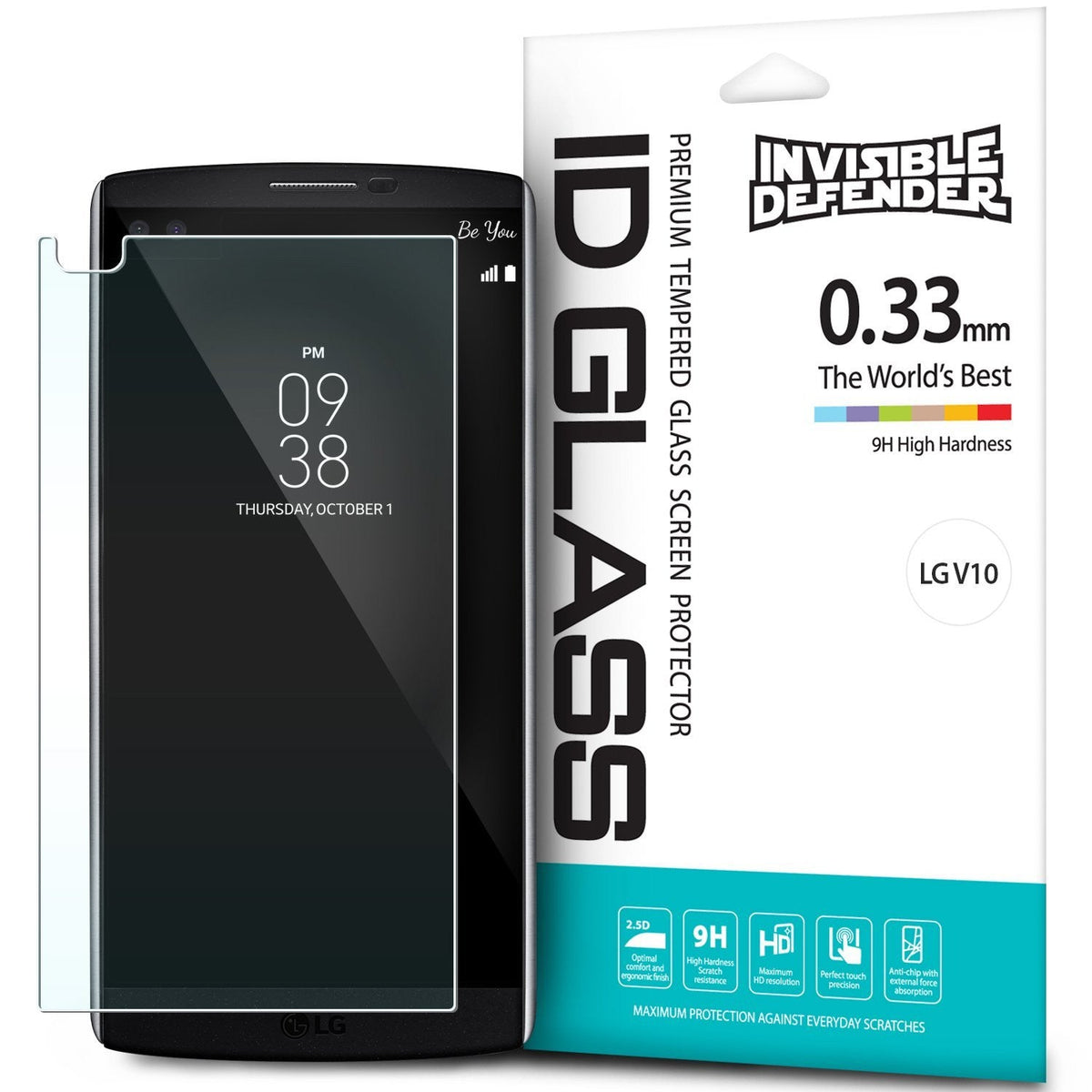 LG V10 Screen Protector | Invisible Defender Glass - LG V10 Screen Protector - Invisible Defender tempered glass screen protector next to its retail packaging for LG V10.
