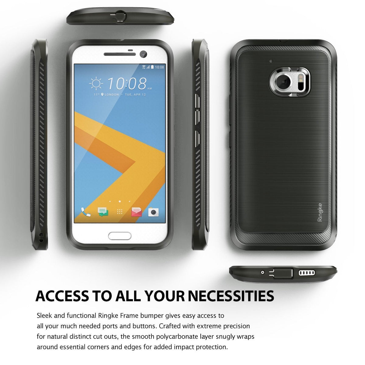 HTC 10 Case | Onyx - Front, back, and side views of a black smartphone case featuring a brushed metal texture and cutouts.