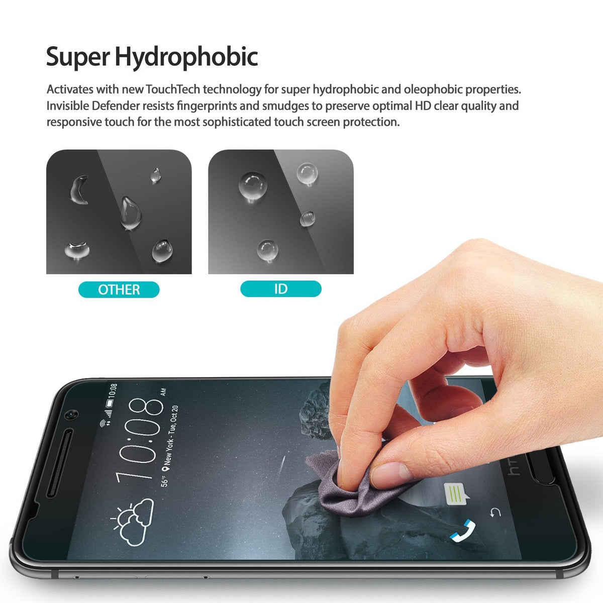 HTC One A9 Screen Protector | Invisible Defender - HTC One A9 Screen Protector - Comparison showing water beading on Invisible Defender versus standard screen protectors.
