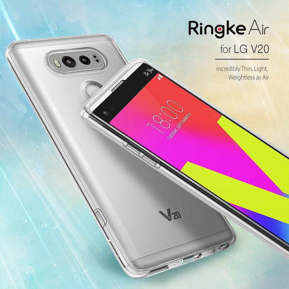 LG V20 Case | Air - Clear protective case on an LG V20 phone showing front and back views against a light blue background.