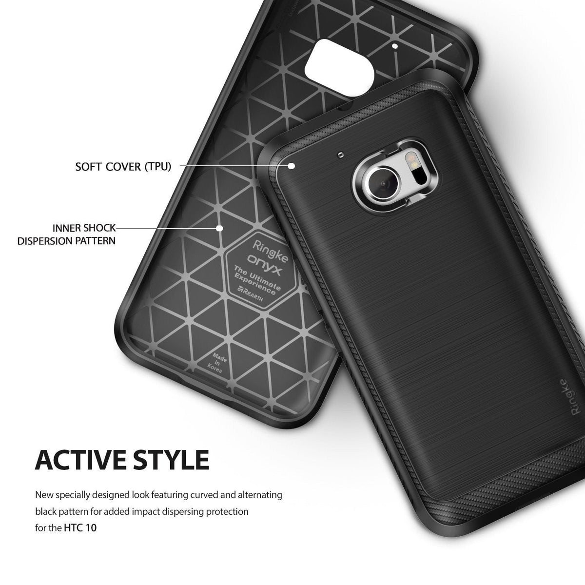 HTC 10 Case | Onyx - Black TPU phone case with inner geometric shock-dispersion pattern and brushed metal back texture.