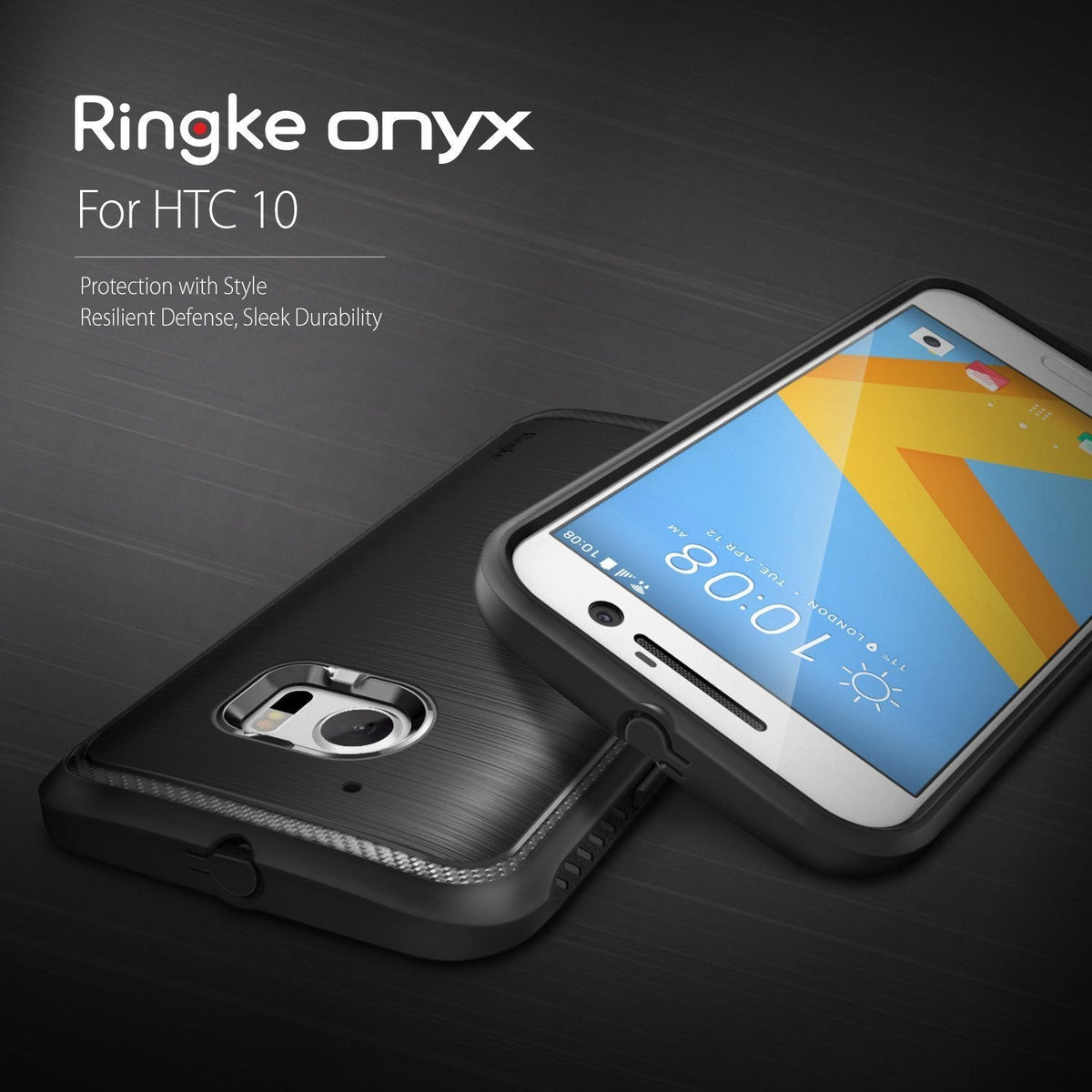 HTC 10 Case | Onyx - Black brushed metal texture phone case for HTC 10 shown from front and back angles.