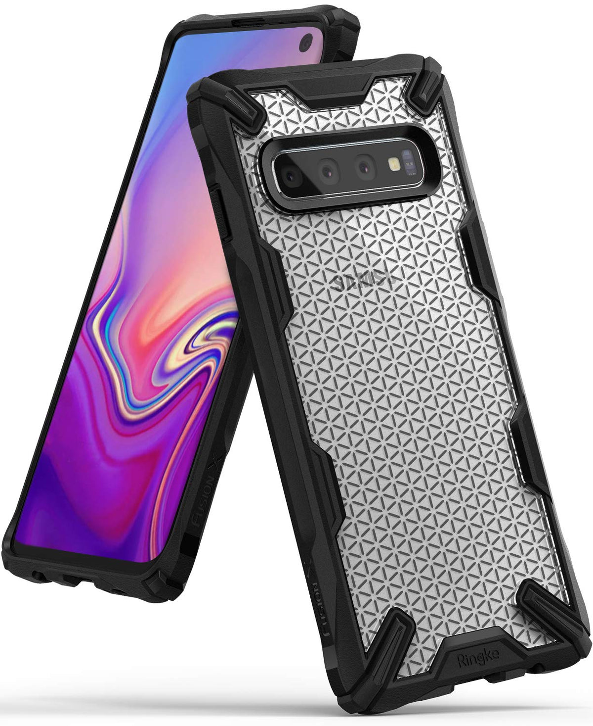 Galaxy S10 Case | Fusion-X Design - Rugged black protective case with a clear, geometric patterned back on a Galaxy S10.