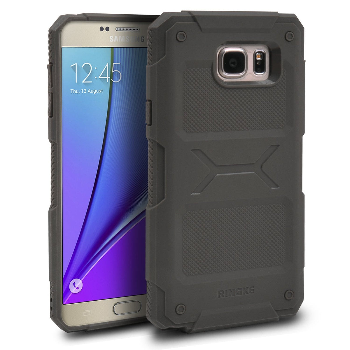 Galaxy Note 5 Case | Rebel - Rugged black protective phone case shown from front and back angles on a white background.
