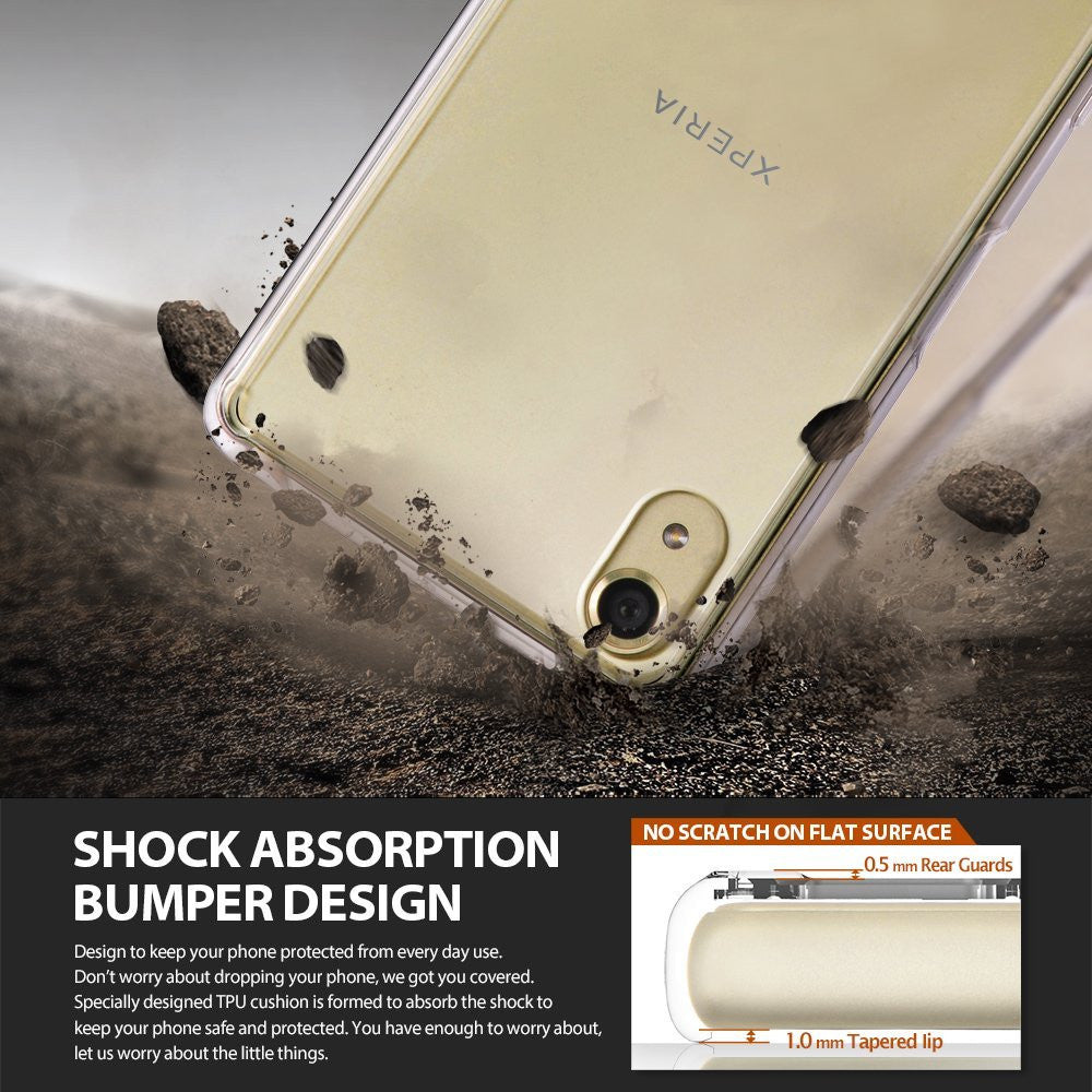 Xperia X Case | Fusion - Clear phone case on rocky ground with text highlighting shock absorption and protective guards.