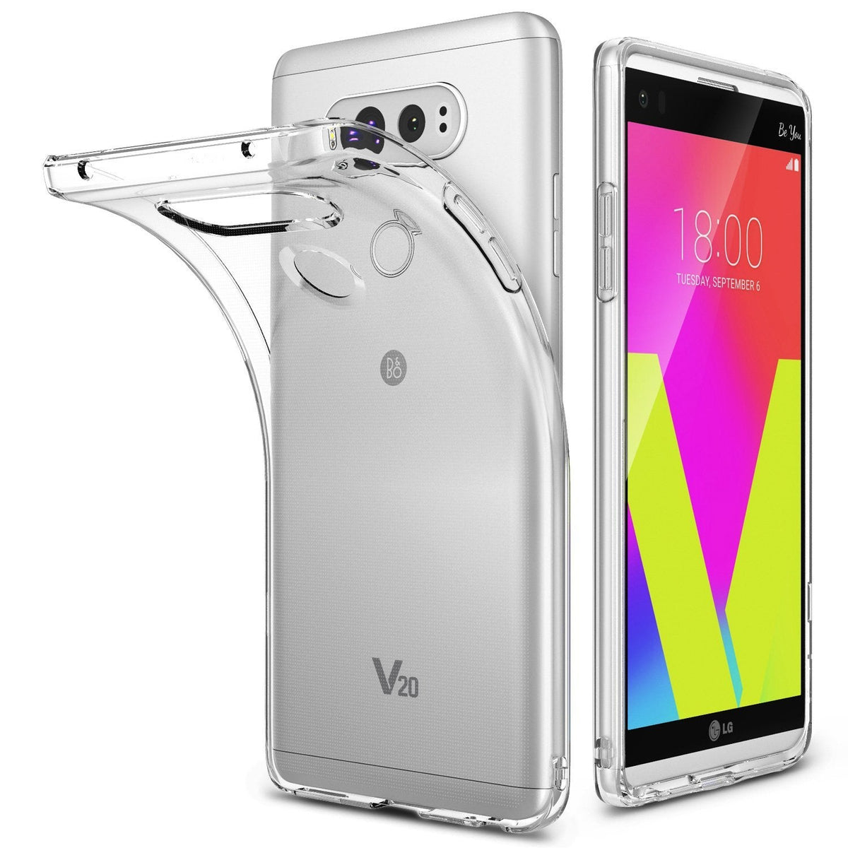 LG V20 Case | Air - A silver LG V20 phone with a clear, flexible protective case partially peeled off the back.