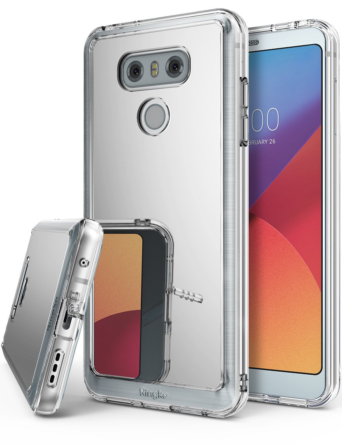 LG G6 Case | Mirror - Clear, reflective phone case for LG G6 shown from back and side angles with cutouts for camera.
