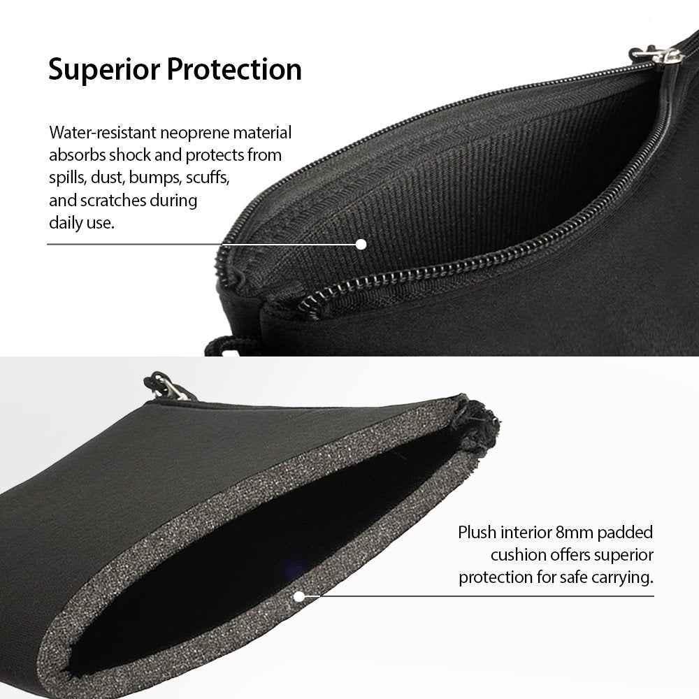 Cushion Pouch - Close-up views of a black neoprene pouch showing its water-resistant exterior and 8mm plush padded interior.