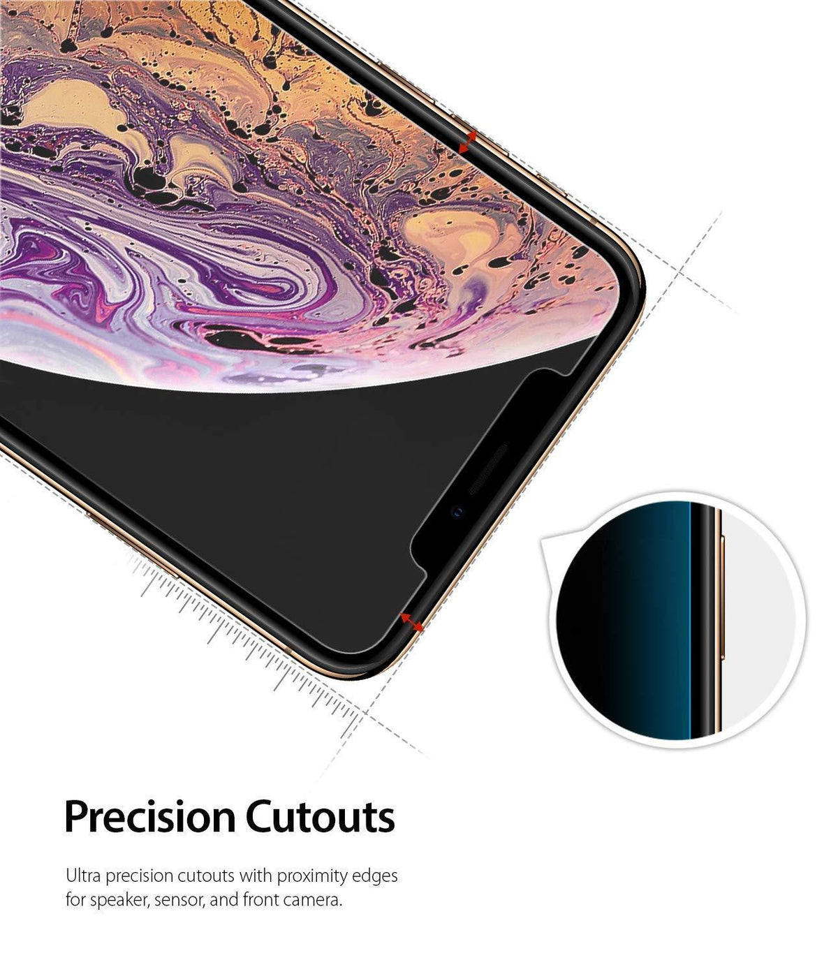 iPhone XS Screen Protector | Invisible Defender Glass - iPhone XS Screen Protector - Close-up of glass protector on iPhone XS showing precise cutouts for the camera and speaker.