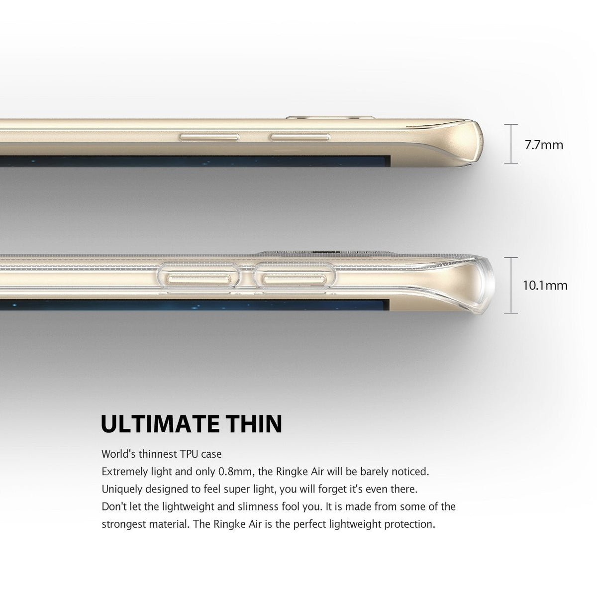 Galaxy S7 Edge Case | Air - Side-by-side comparison of a phone without and with a 0.8mm thin clear TPU case, showing thickness.