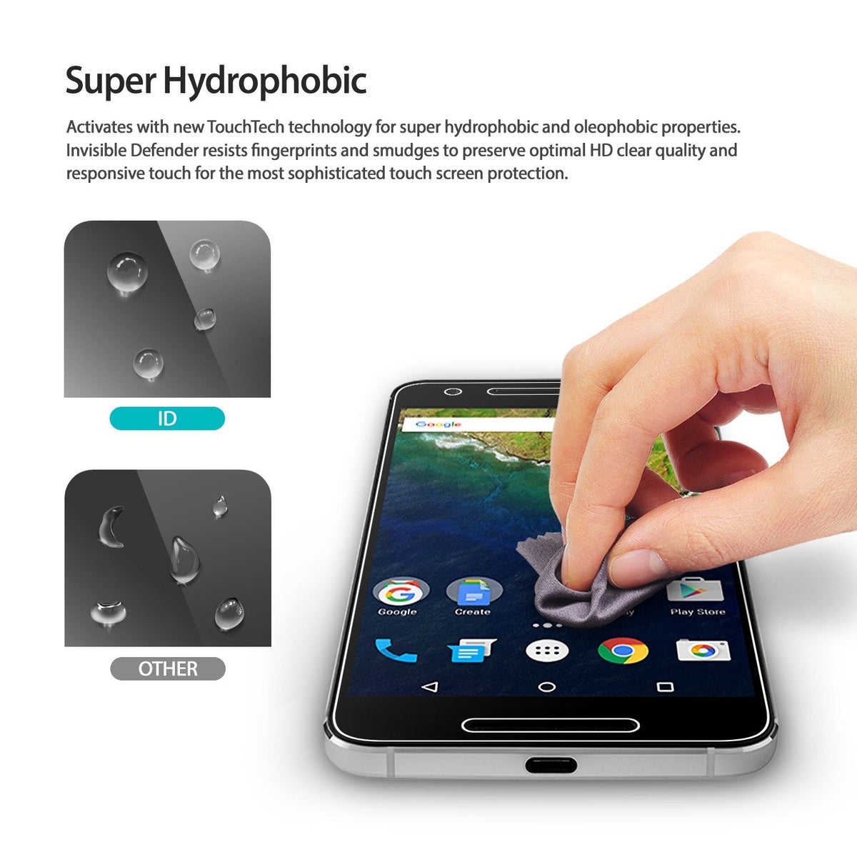 Google Nexus 6P Screen Protector | Film - Google Nexus 6P Screen Protector - Hydrophobic film comparison showing water beading on screen vs. standard surface.