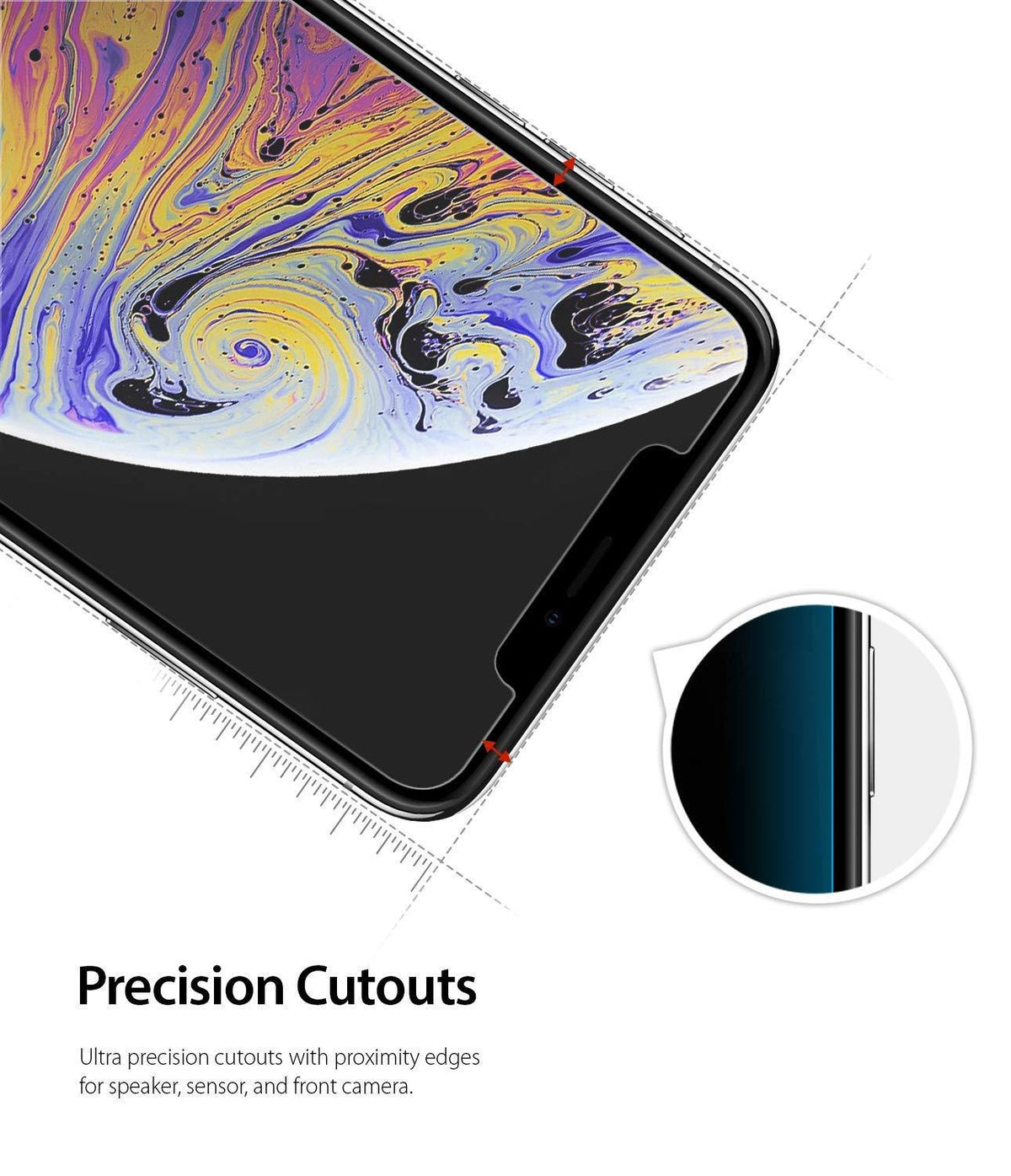 iPhone XS Max Screen Protector | Invisible Defender Glass - iPhone XS Max Screen Protector - Close-up of glass screen protector with precise cutouts for the phone's notch and sensors.