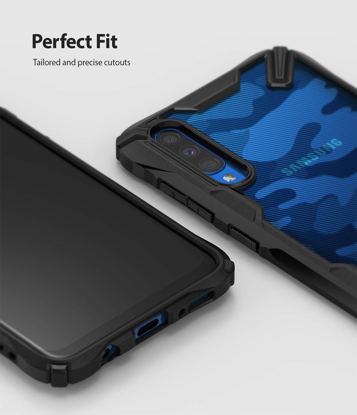 Galaxy A50 Case | Fusion-X - Black protective phone case with blue camo back and precise cutouts for camera and ports.