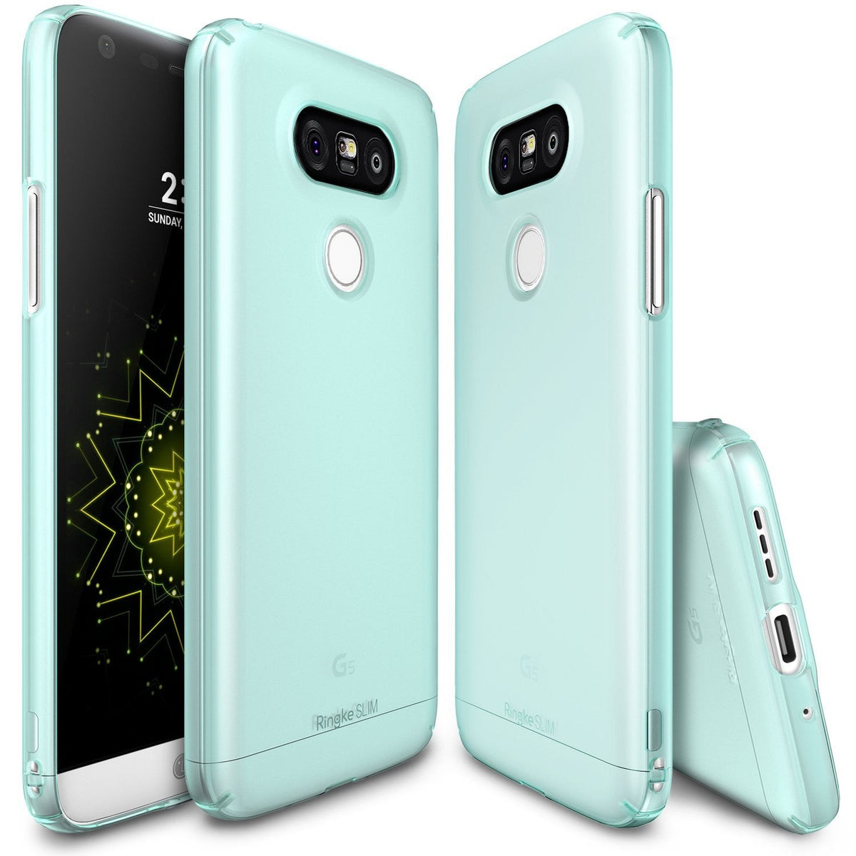 LG G5 Case | Slim - Mint green slim-fit phone cases shown from front, back, and bottom angles on a white background.